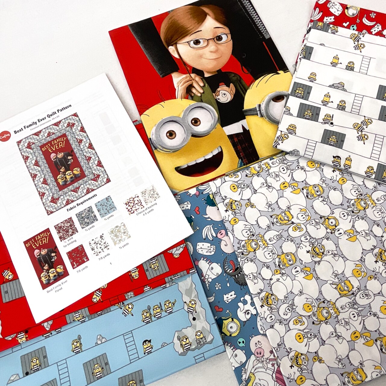 Boundless Best Family Ever Minions Quilt Kit including pattern and fabrics for top/binding - 5 1/2 yards of fabric